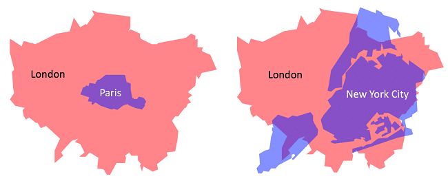השטח של לונדון על גבי השטח של העיר ניו-יורק (ימין) והשטח של פריז (שמאל)